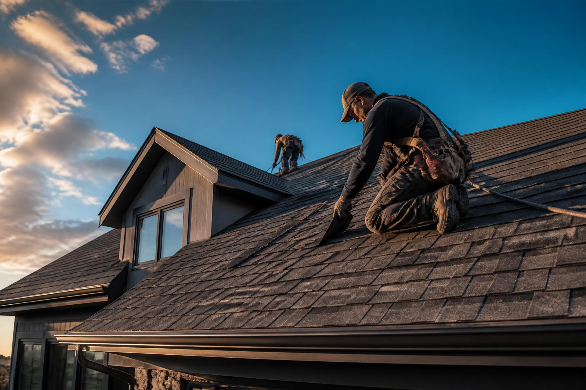 Roofers installing a new roof at golden hour
